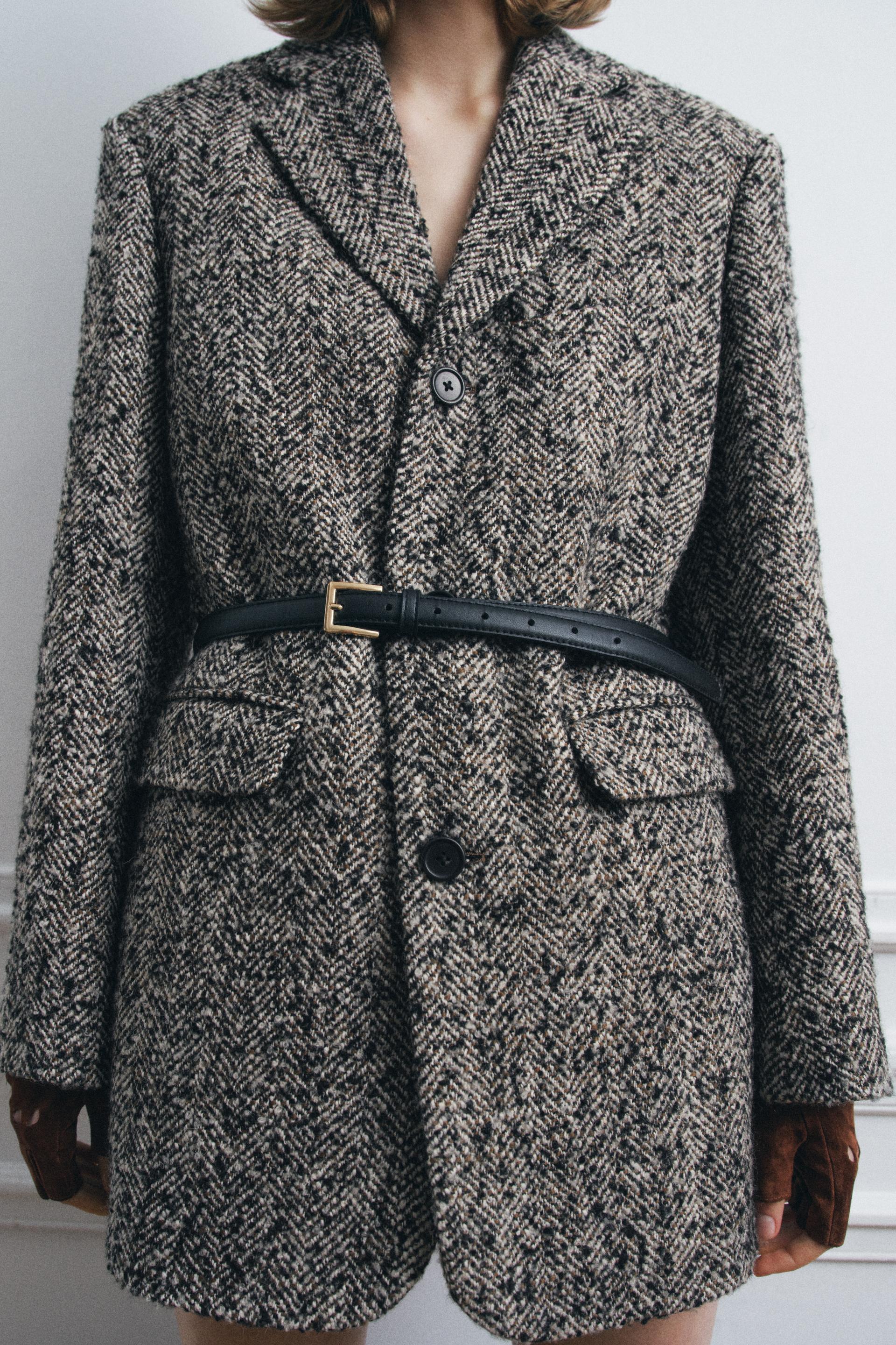 Alziette – Belted herringbone – Coat-Apparel & Accessories > Clothing > Outerwear > Coats > Tweed Coats-Cíelo Fióra Atelier