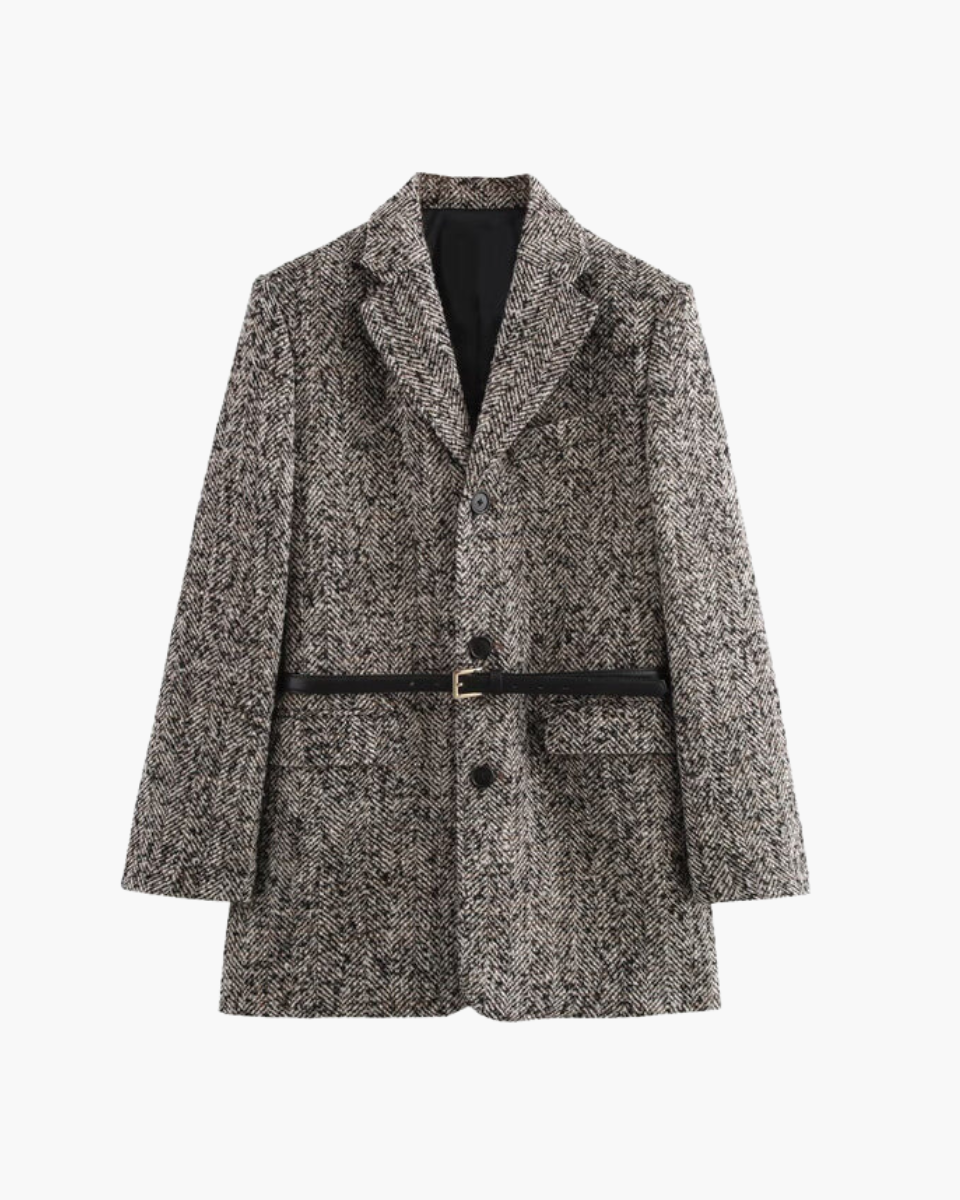 Alziette – Belted herringbone – Coat-Apparel & Accessories > Clothing > Outerwear > Coats > Tweed Coats-Cíelo Fióra Atelier