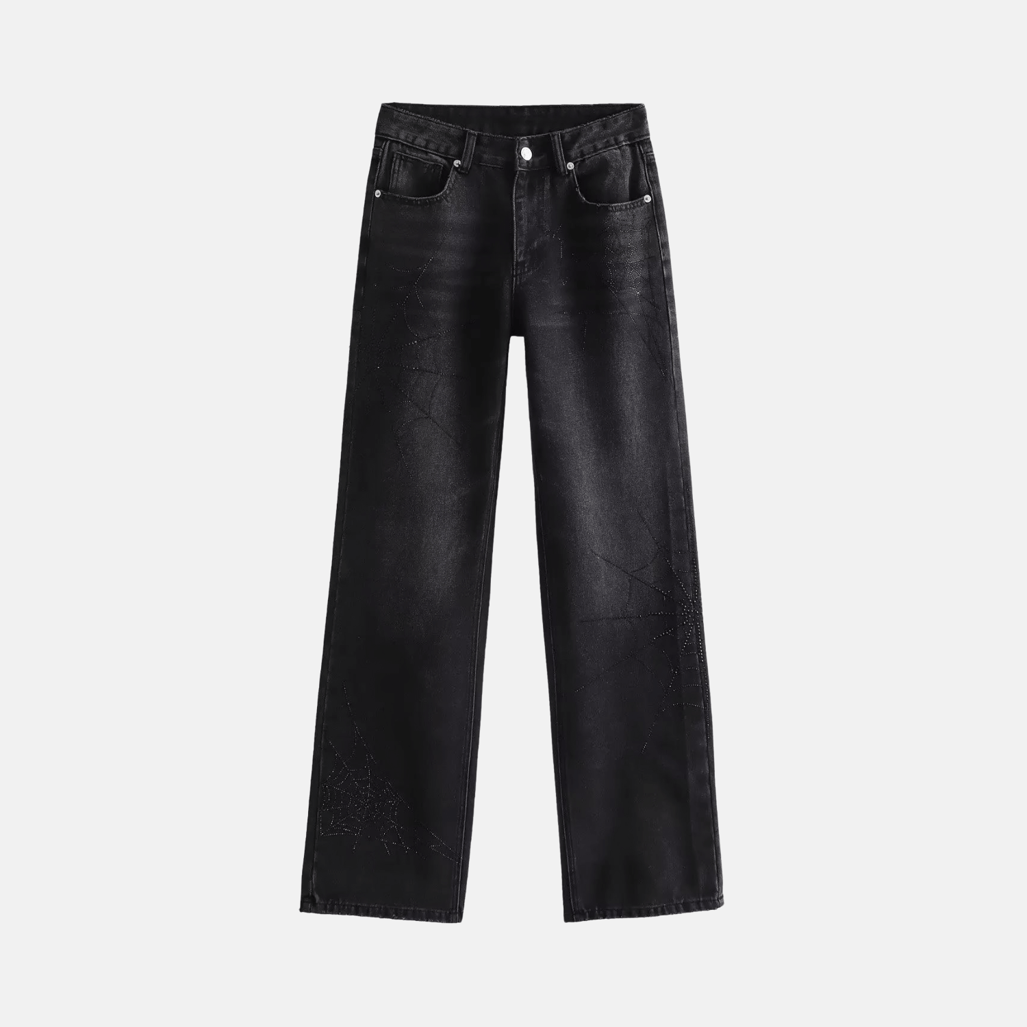 Araignée – Rhinestone embroidery – Black denim pants-Apparel & Accessories > Clothing > Pants > Embellished Pants-Cíelo Fióra Atelier