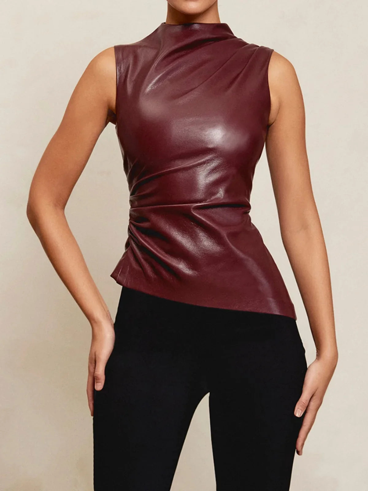 Arietta – Asymmetrical hemline – Faux leather top-Apparel & Accessories > Clothing > Tops > Sleeveless Tops-Cíelo Fióra Atelier