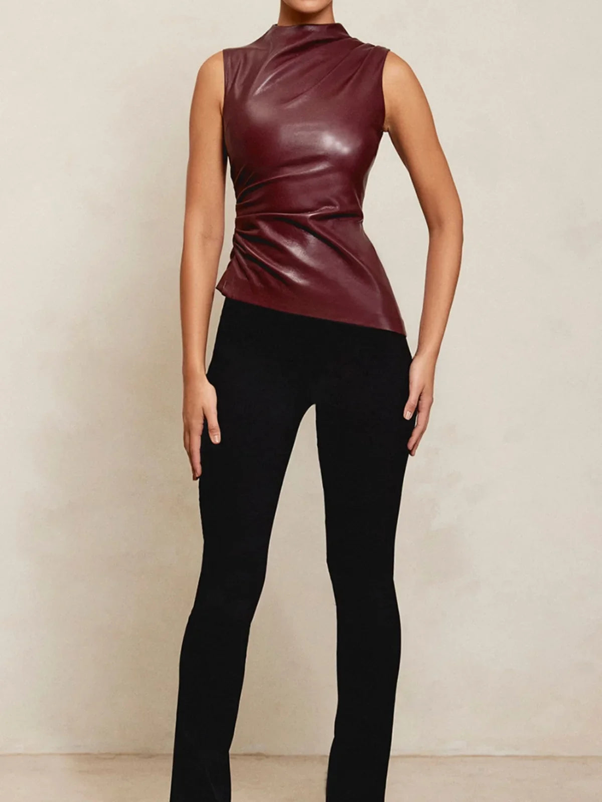 Arietta – Asymmetrical hemline – Faux leather top-Apparel & Accessories > Clothing > Tops > Sleeveless Tops-Cíelo Fióra Atelier