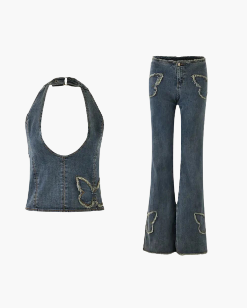 Azurina – Butterfly patch – Halter top and flared pants set-Apparel & Accessories > Clothing > Outfits & Sets > Denim Sets-Cíelo Fióra Atelier