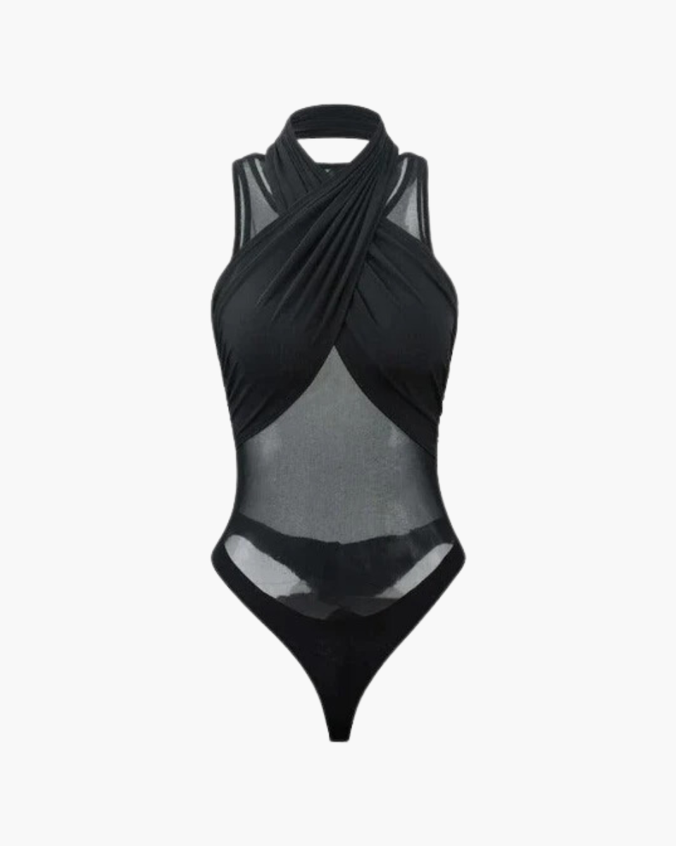 Basilia – Cross halter neck – Mesh bodysuit-Apparel & Accessories > Clothing > Bodysuits-Cíelo Fióra Atelier