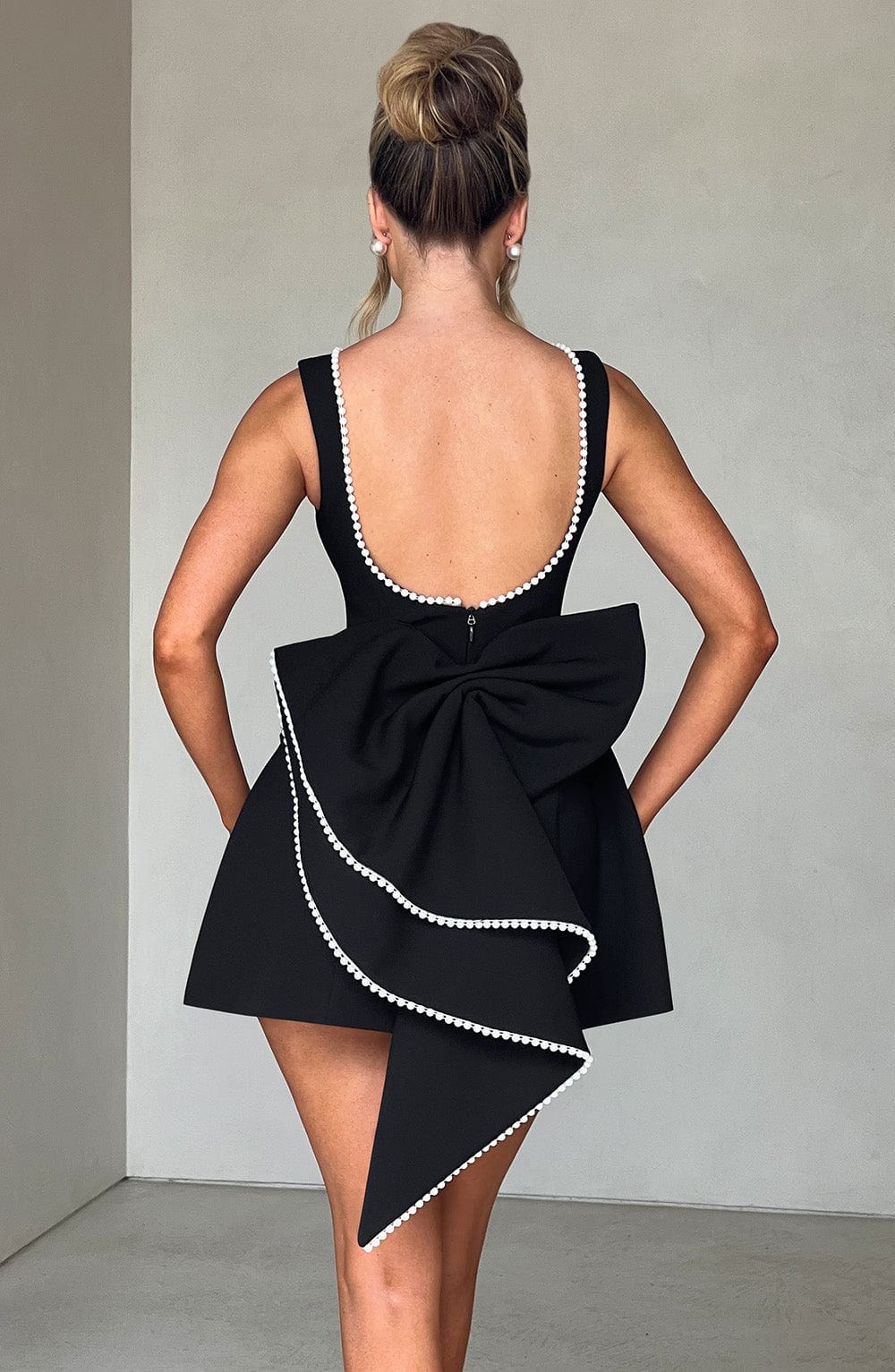 Bruna – Pearl bow detail – Mini dress-Apparel & Accessories > Clothing > Dresses > Party Dresses-Cíelo Fióra Atelier