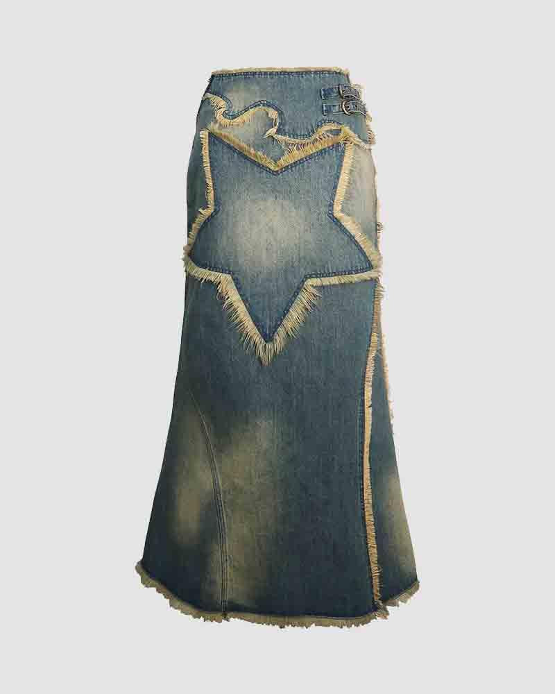 Cassiopeia – Front star detail – Denim maxi skirt-Apparel & Accessories > Clothing > Skirts > Maxi Denim Skirts-Cíelo Fióra Atelier