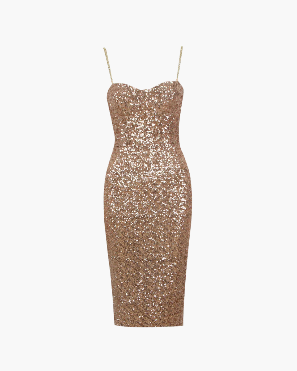 Célestine – Gold stretch sequins – Bodycon dress-Apparel & Accessories > Clothing > Dresses > Evening Dresses-Cíelo Fióra Atelier