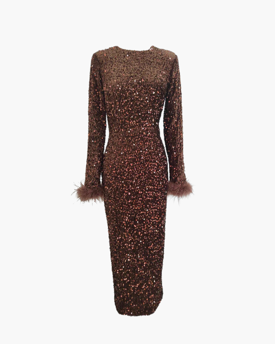 Coralie – Feather-trimmed sleeves – Sequin midi dress-Apparel & Accessories > Clothing > Dresses > Midi Dresses-Cíelo Fióra Atelier