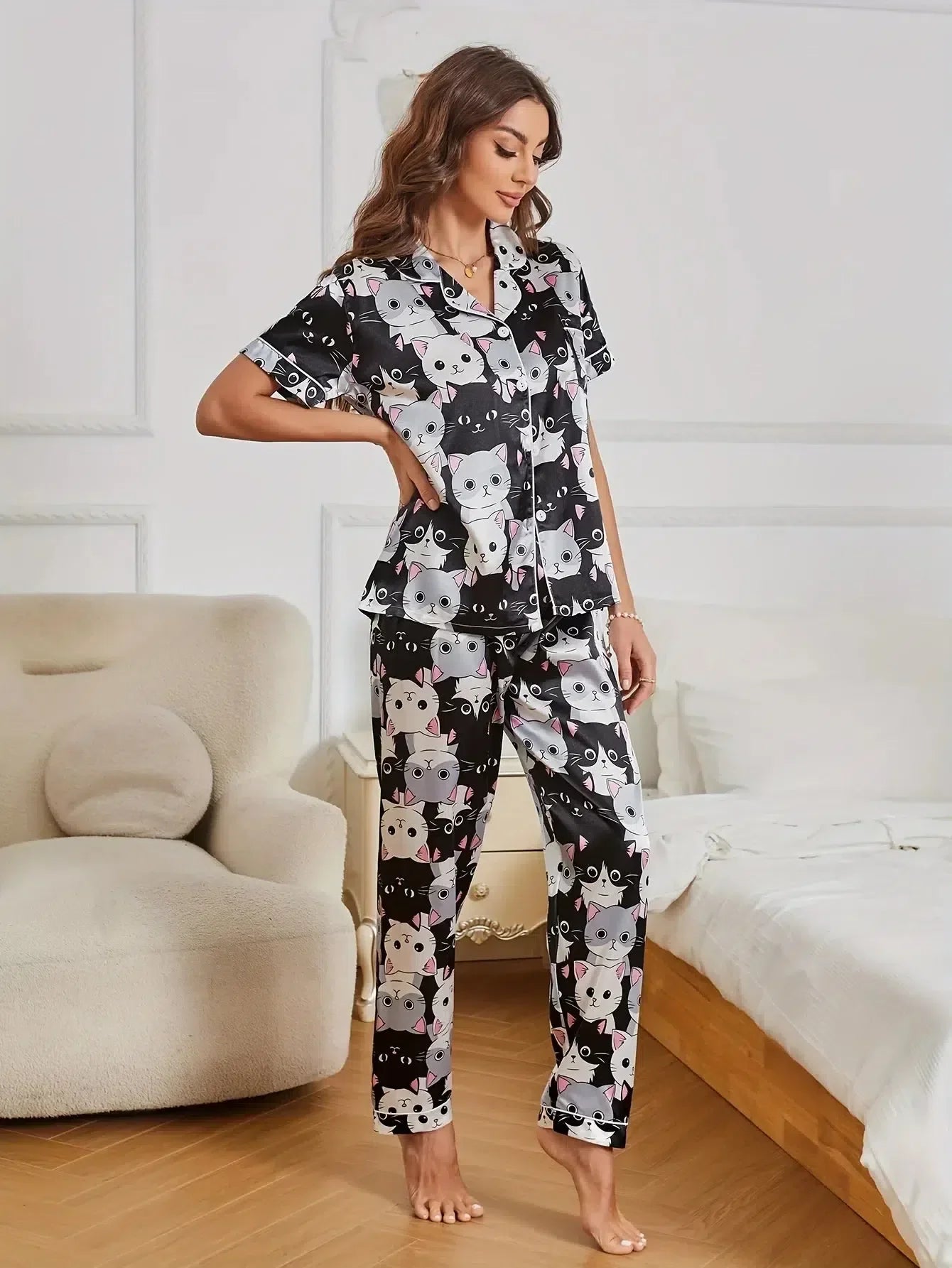 Dolcetta – Playful cat print – Satin pajama set-Apparel & Accessories > Sleepwear & Loungewear > Pajamas > Women's Pajama Sets-Cíelo Fióra Atelier
