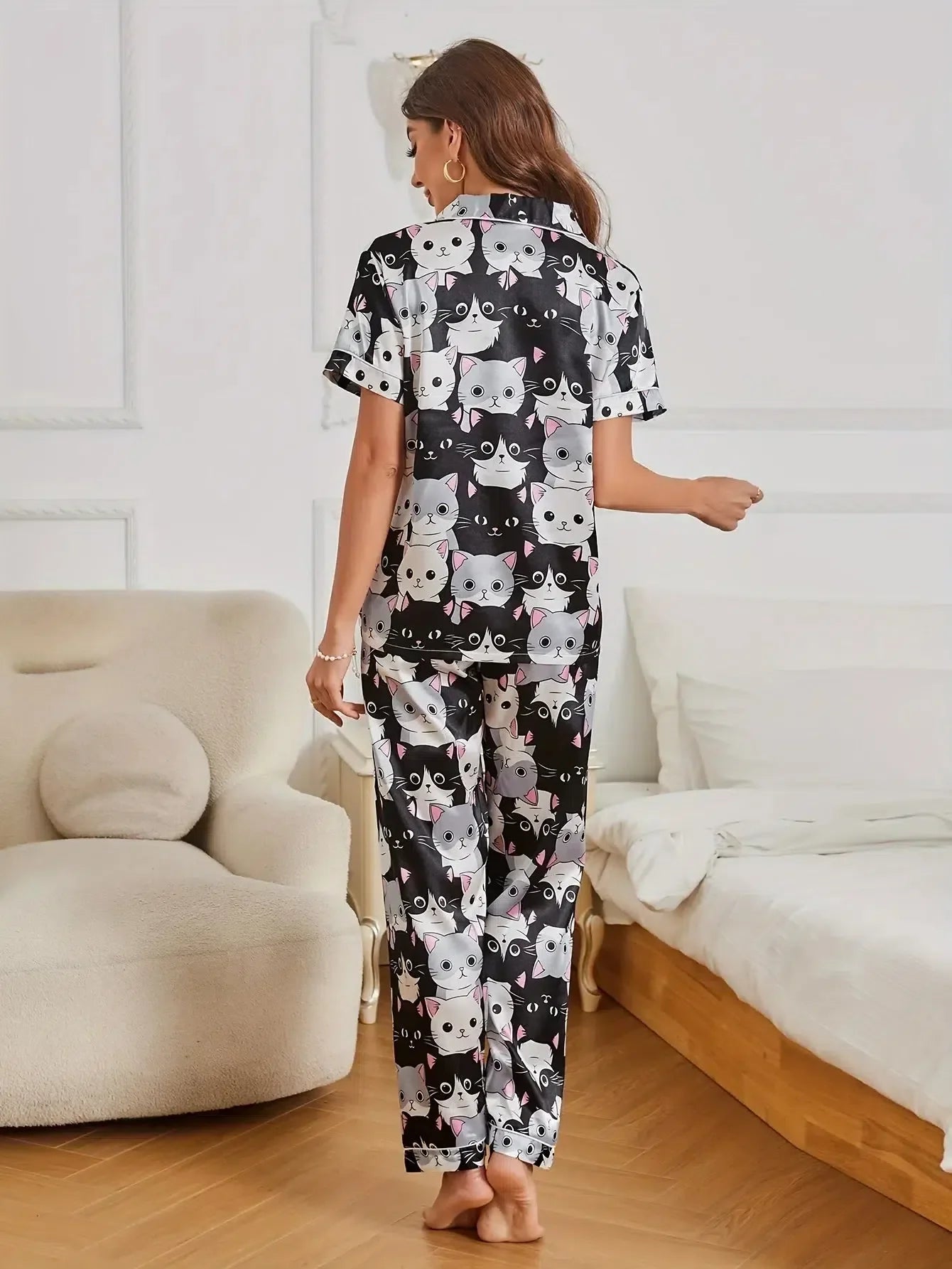 Dolcetta – Playful cat print – Satin pajama set-Apparel & Accessories > Sleepwear & Loungewear > Pajamas > Women's Pajama Sets-Cíelo Fióra Atelier
