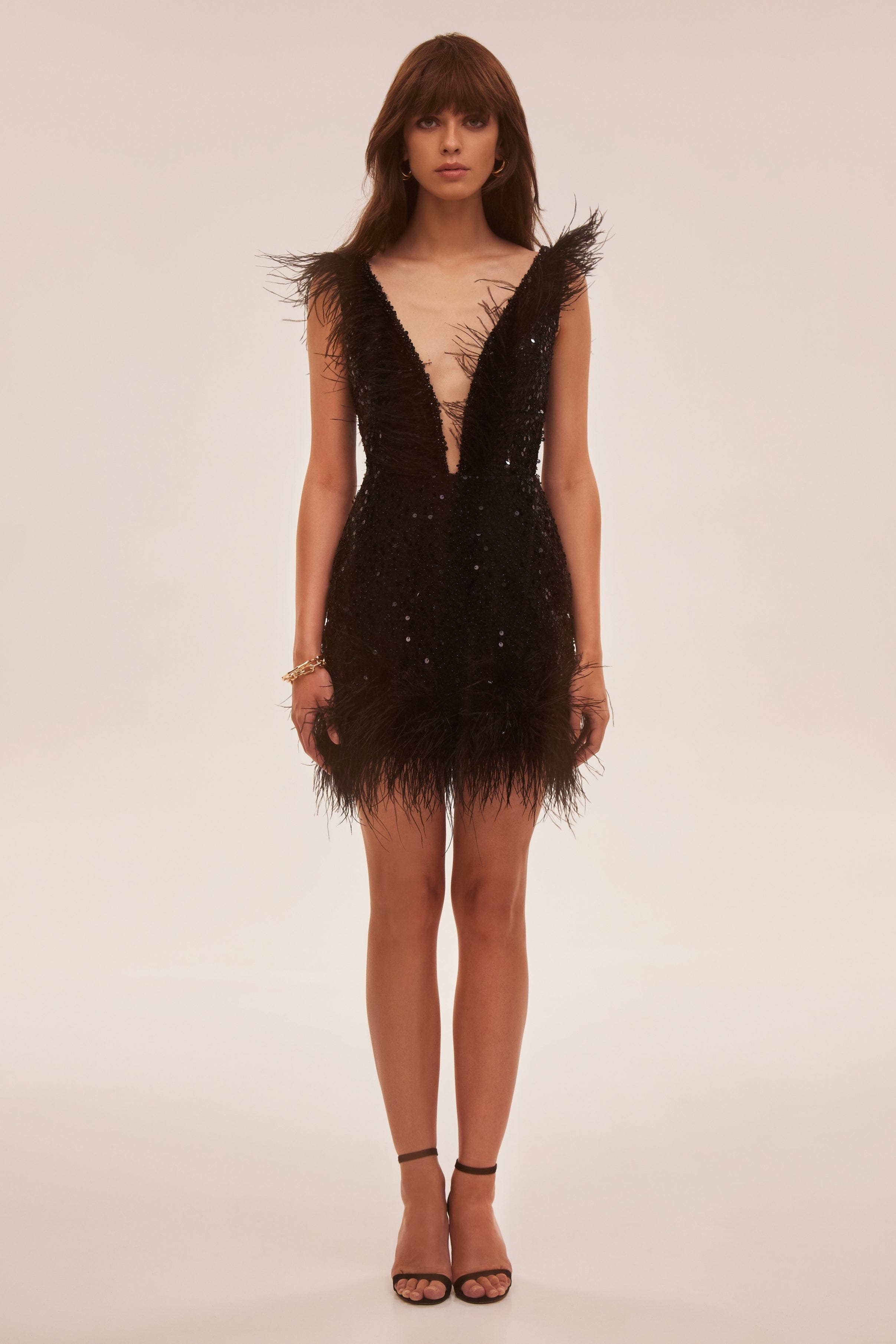 Elizara – Feather trim – Bold sequin dress-Apparel & Accessories > Clothing > Dresses > Cocktail Dresses-Cíelo Fióra Atelier