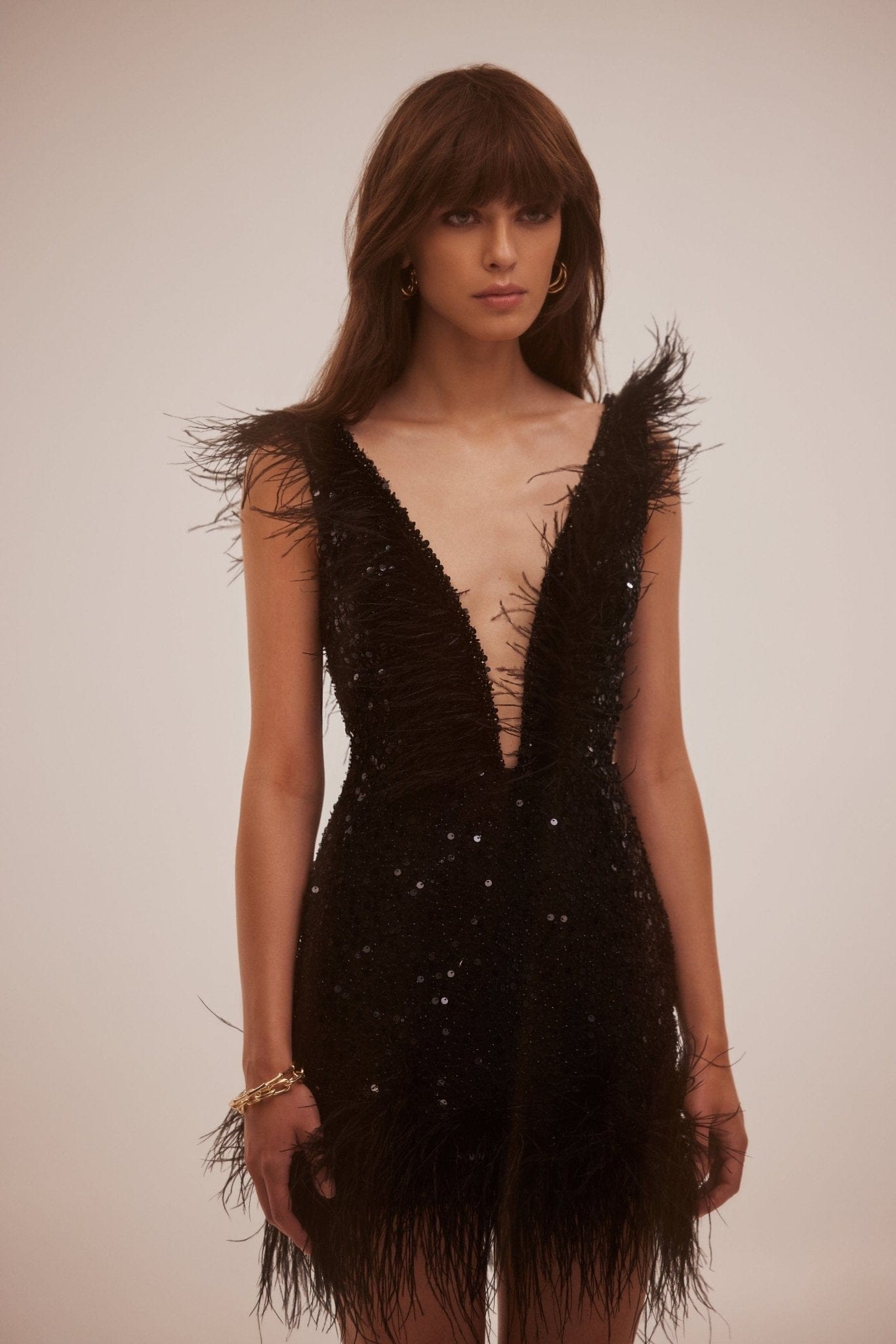 Elizara – Feather trim – Bold sequin dress-Apparel & Accessories > Clothing > Dresses > Cocktail Dresses-Cíelo Fióra Atelier