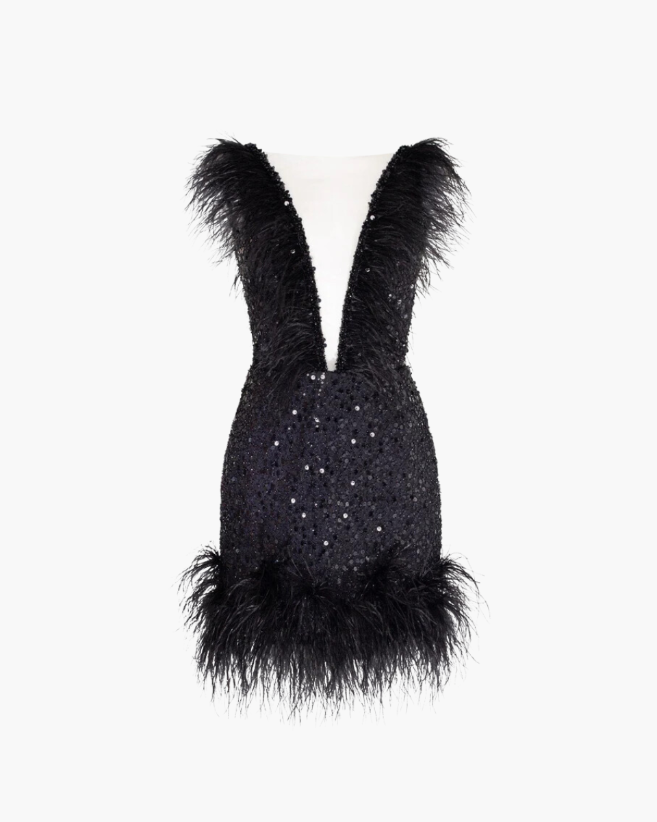 Elizara – Feather trim – Bold sequin dress-Apparel & Accessories > Clothing > Dresses > Cocktail Dresses-Cíelo Fióra Atelier