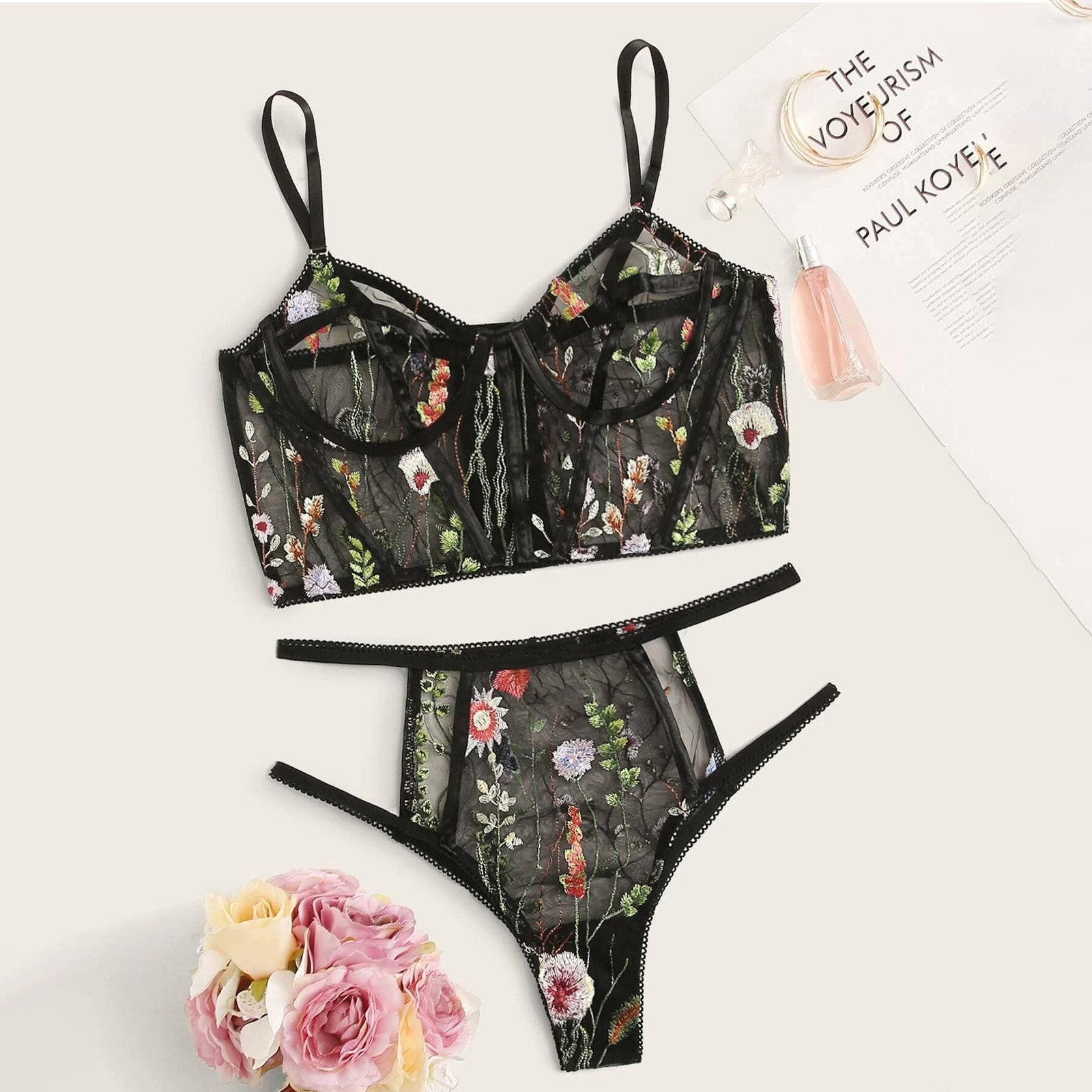 Enchanted Garden – Floral embroidery – Lace bra set-Apparel & Accessories > Clothing > Underwear & Socks > Lingerie Sets > Embroidered Lingerie Sets-Cíelo Fióra Atelier