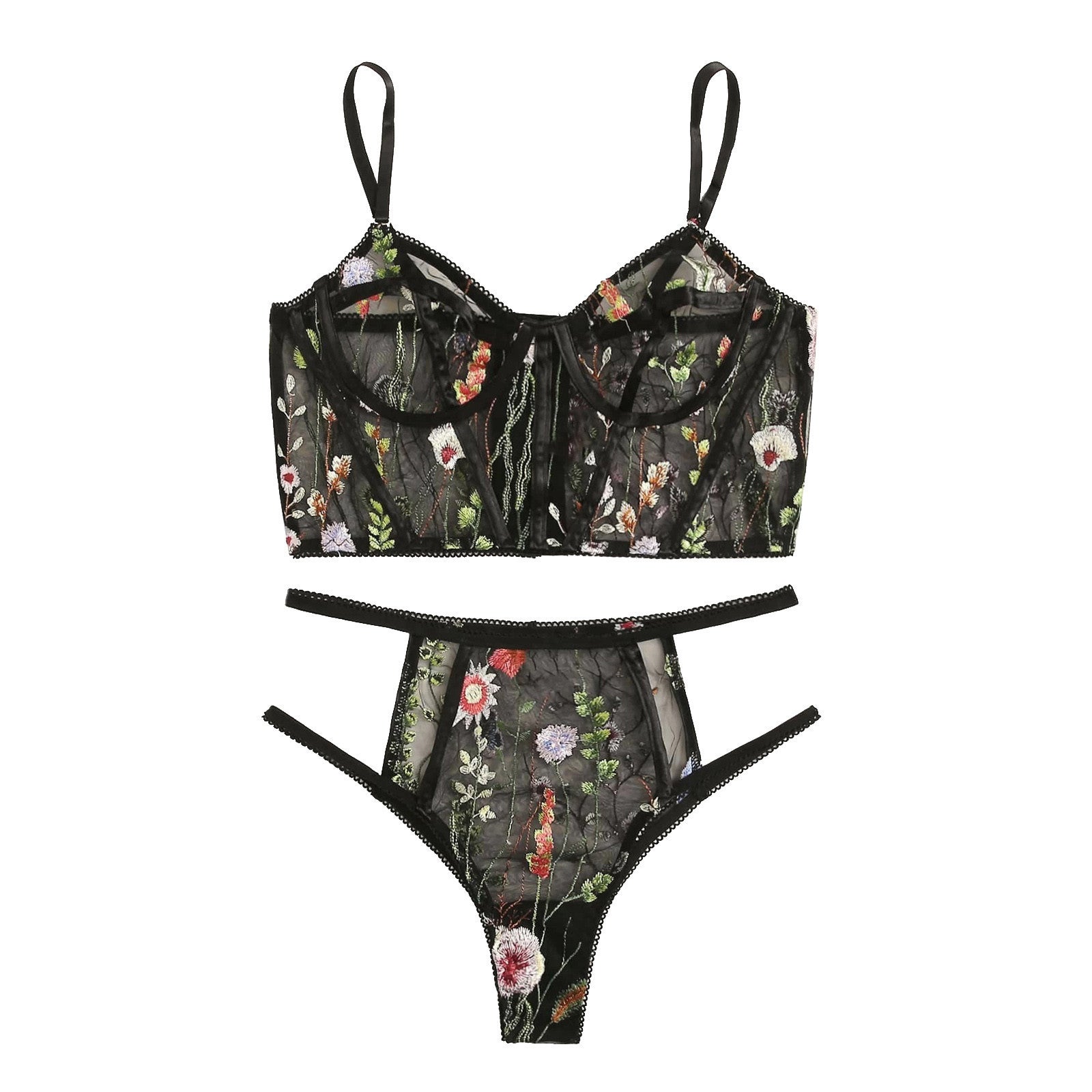 Enchanted Garden – Floral embroidery – Lace bra set-Apparel & Accessories > Clothing > Underwear & Socks > Lingerie Sets > Embroidered Lingerie Sets-Cíelo Fióra Atelier