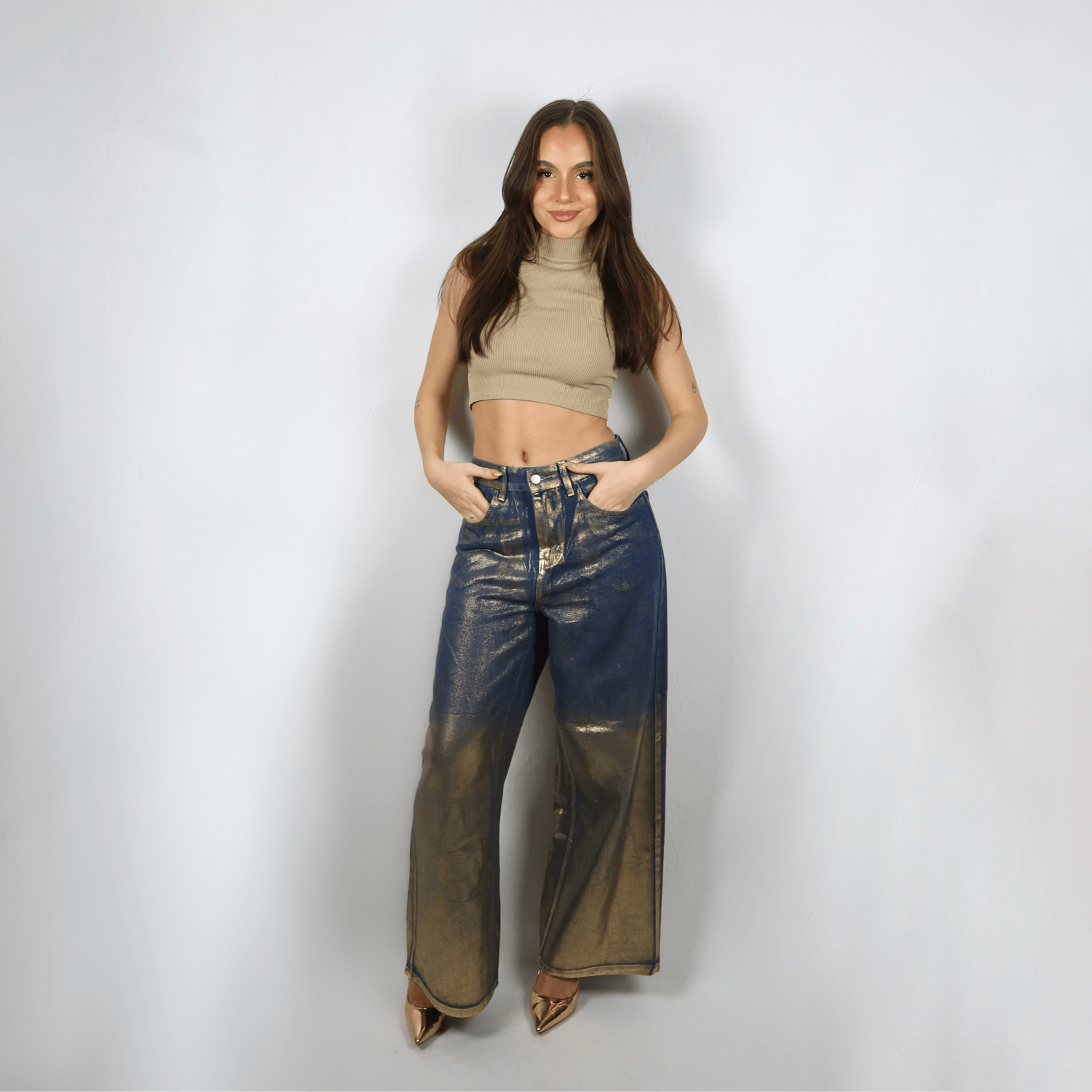 Erynia metallic gold trousers – high-waisted – wide-leg cut – dazzling statement finish-Apparel & Accessories > Clothing > Pants > Statement Pants-Cíelo Fióra Atelier