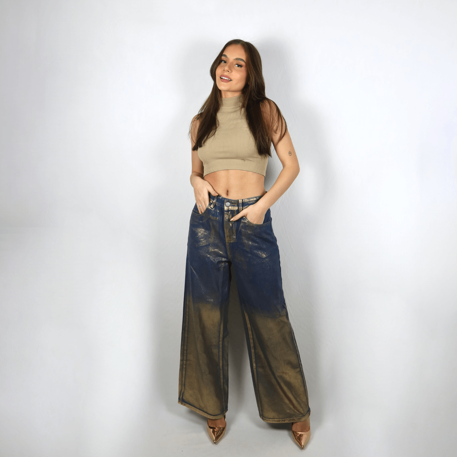 Erynia metallic gold trousers – high-waisted – wide-leg cut – dazzling statement finish-Apparel & Accessories > Clothing > Pants > Statement Pants-Cíelo Fióra Atelier