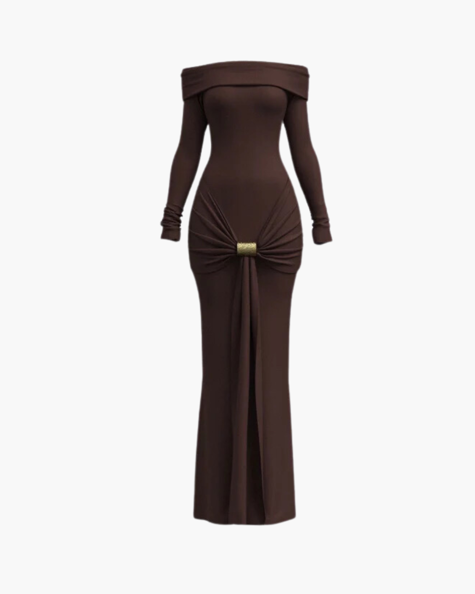 Eugénia – Ruched waist – Brown gown-Apparel & Accessories > Clothing > Dresses > Formal Dresses-Cíelo Fióra Atelier