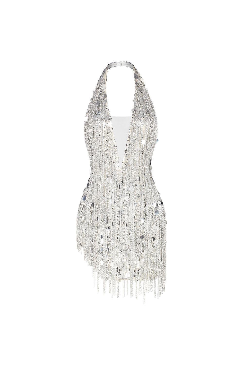 Fiorina – Shimmering sequins – Halter mesh mini dress-Apparel & Accessories > Clothing > Dresses > Mini Dresses-Cíelo Fióra Atelier