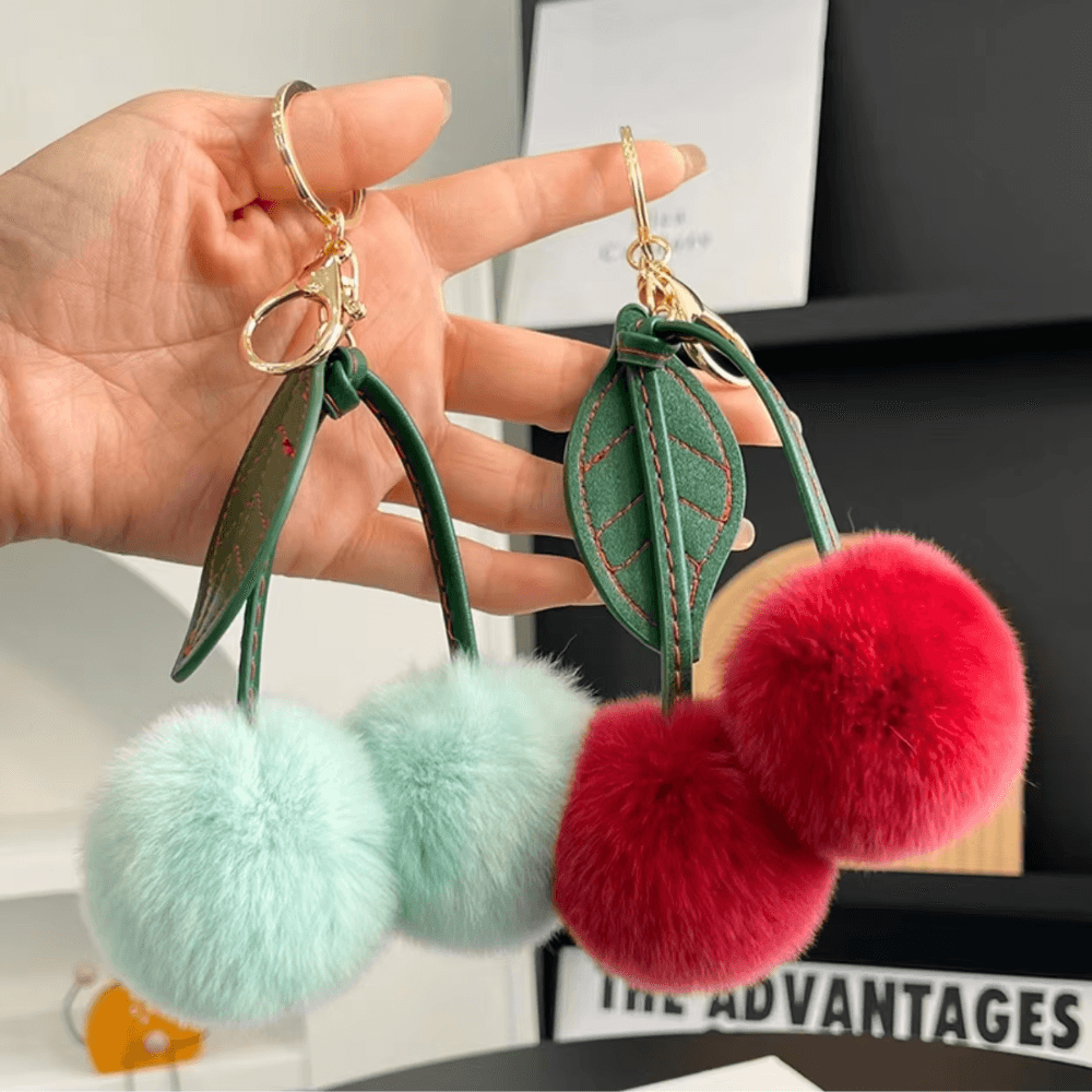 Fluffy Cherry – Playful fuzzy cherry design – Bag charm-Apparel & Accessories > Handbags, Wallets & Cases > Handbag Accessories > Charms-Cíelo Fióra Atelier