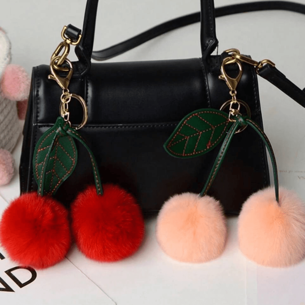 Fluffy Cherry – Playful fuzzy cherry design – Bag charm-Apparel & Accessories > Handbags, Wallets & Cases > Handbag Accessories > Charms-Cíelo Fióra Atelier