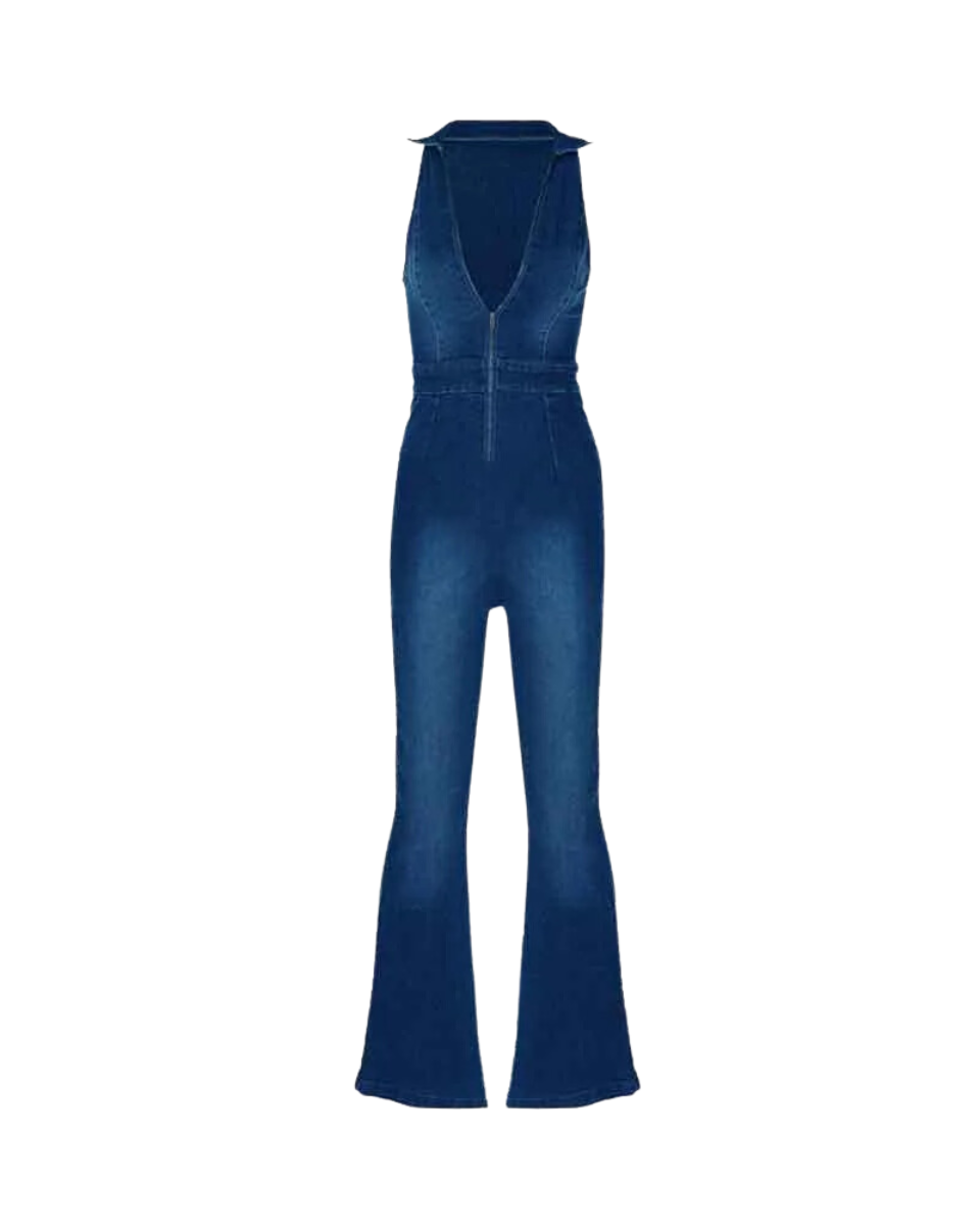 Gabrielle – V-neckline – Denim jumpsuit-Apparel & Accessories > Clothing > One-Piece Suits > Denim Jumpsuits-Cíelo Fióra Atelier