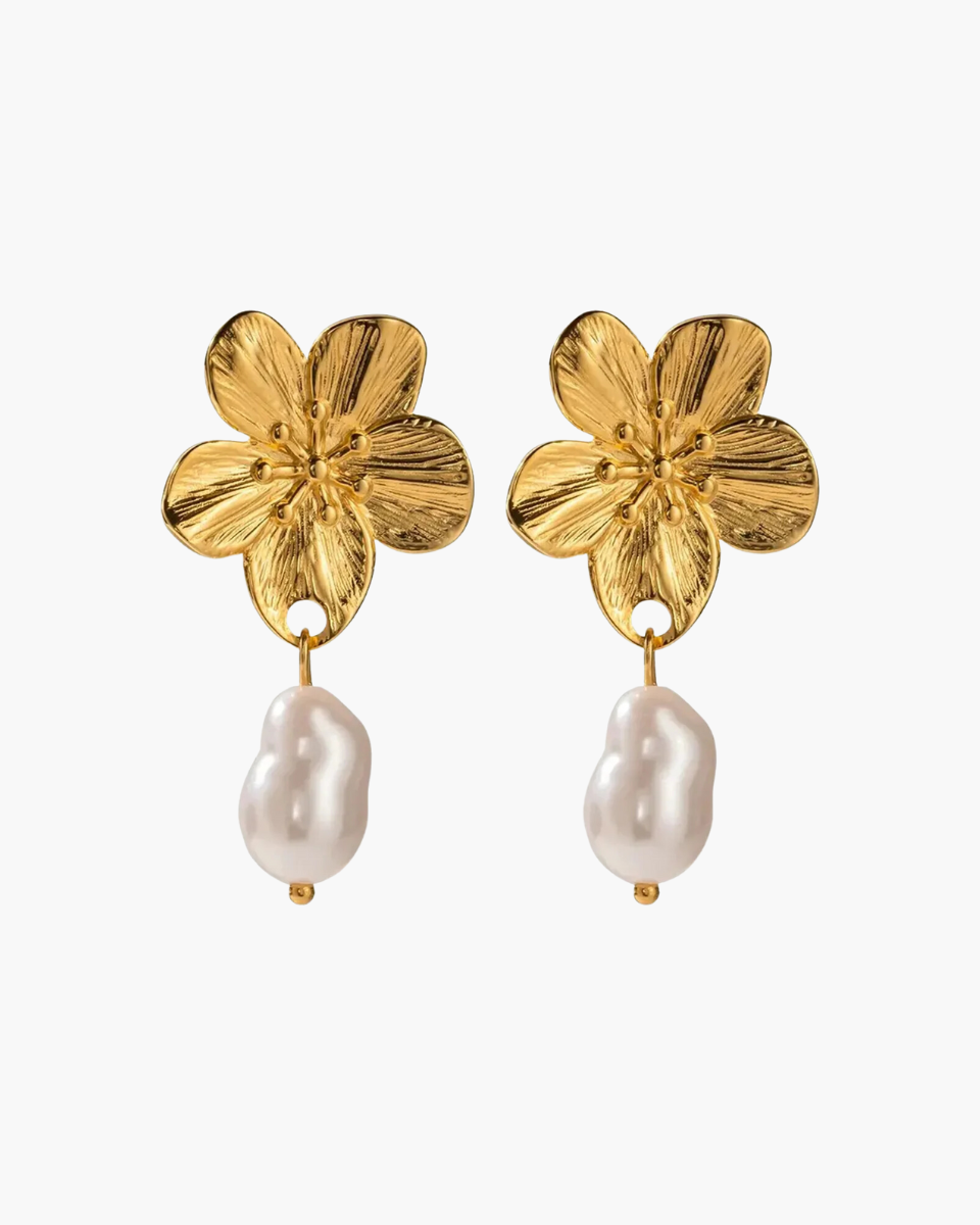 Halia – Floral design – Blossom pearl earrings-Apparel & Accessories > Jewelry > Earrings > Drop Earrings-Cíelo Fióra Atelier