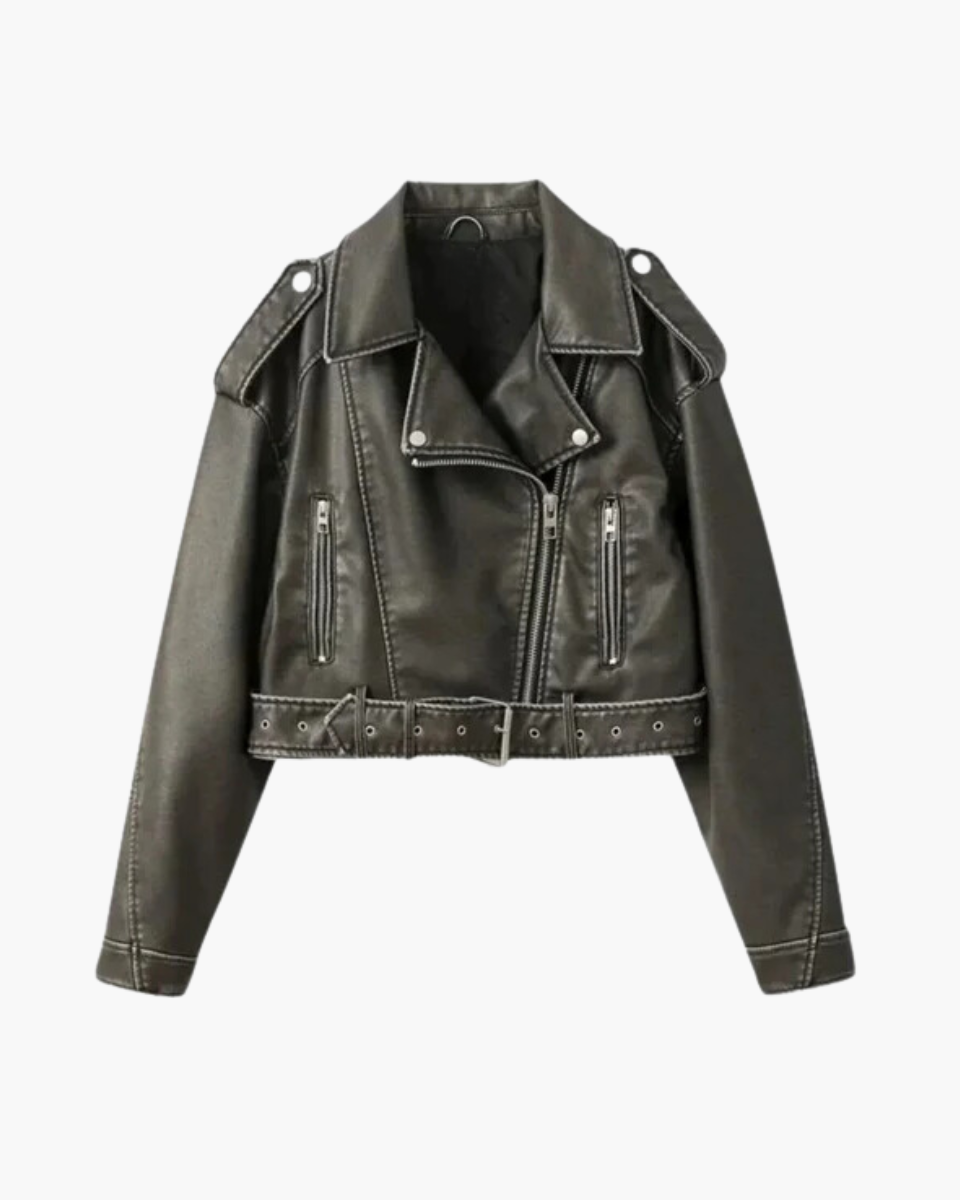 Isla – Cropped fitted design – Belted biker jacket-Apparel & Accessories > Clothing > Outerwear > Jackets > Biker Jackets-Cíelo Fióra Atelier