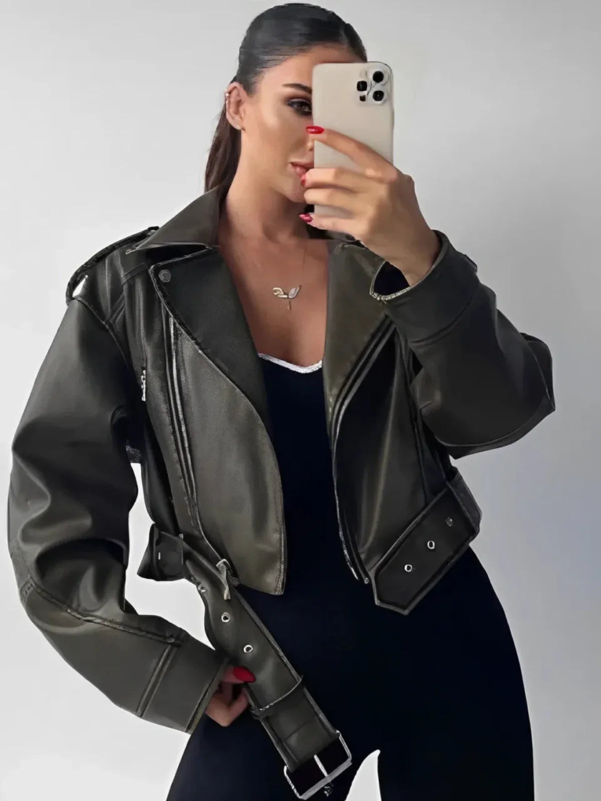 Isla – Cropped fitted design – Belted biker jacket-Apparel & Accessories > Clothing > Outerwear > Jackets > Biker Jackets-Cíelo Fióra Atelier