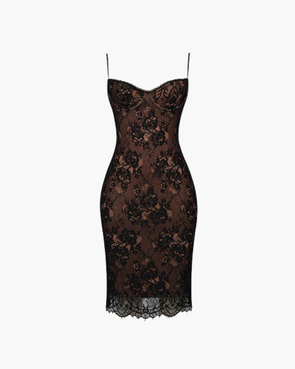 Ivana – Delicate lace overlay – Midi dress-Apparel & Accessories > Clothing > Dresses > Lace Dresses-Cíelo Fióra Atelier