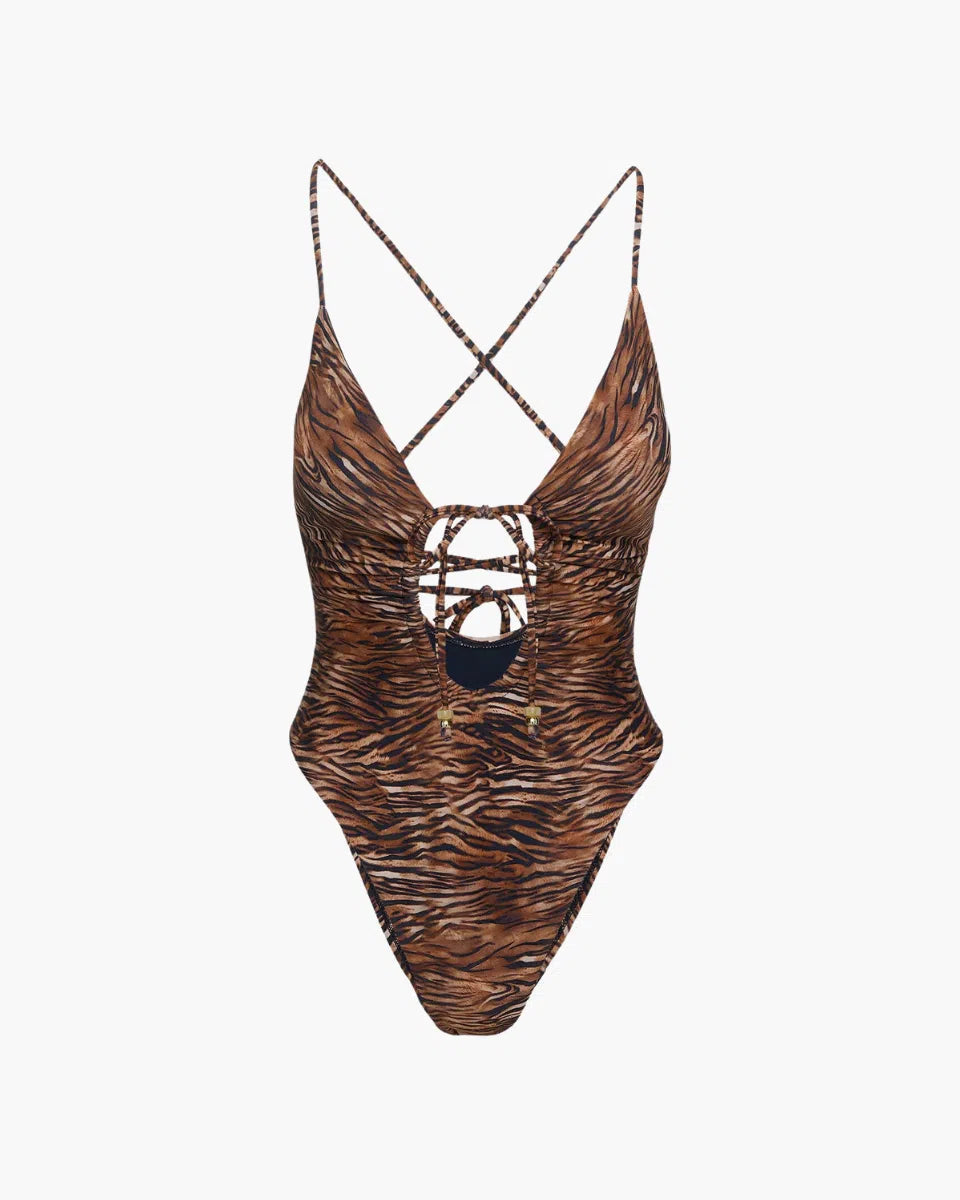 Leilani – Ruched detail – Lace-up tiger-print one-piece swimsuit-Apparel & Accessories > Clothing > Swimwear > One-Piece Swimsuits-Cíelo Fióra Atelier