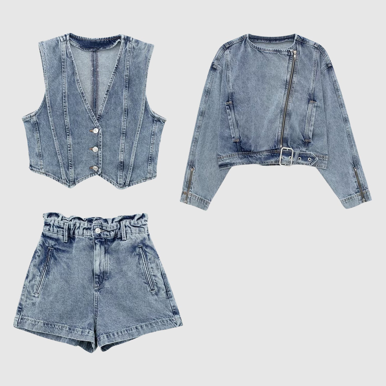 Lorette – Tailored fit – Three-piece denim set-Apparel & Accessories > Clothing > Sets > Denim Three-Piece Sets-Cíelo Fióra Atelier