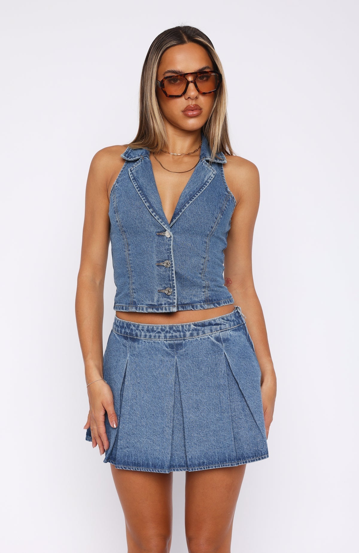 Lunaria – Low-plunge neckline – Denim vest and skirt set-Apparel & Accessories > Clothing > Outfits & Sets > Denim Two-Piece Sets-Cíelo Fióra Atelier