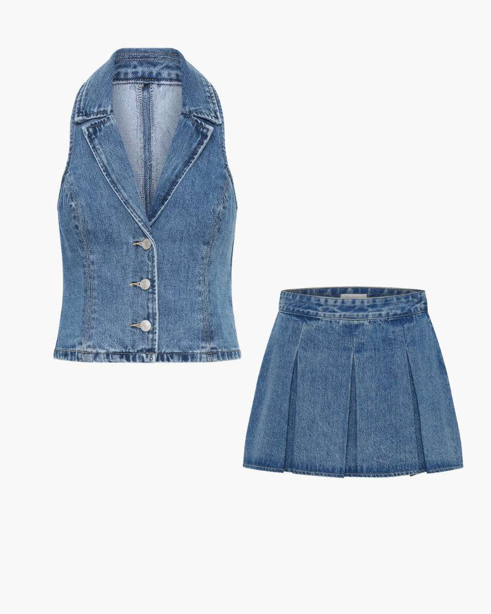 Lunaria – Low-plunge neckline – Denim vest and skirt set-Apparel & Accessories > Clothing > Outfits & Sets > Denim Two-Piece Sets-Cíelo Fióra Atelier