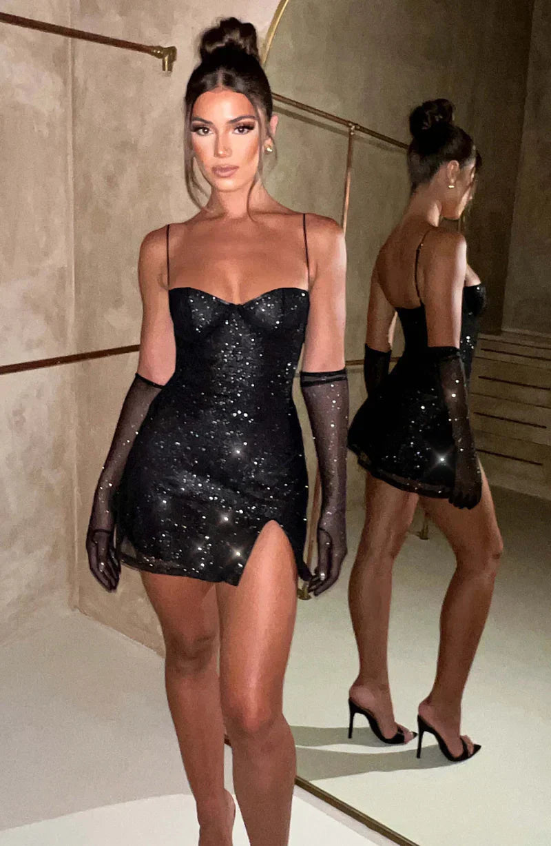 Lusira – Sparkling finish – Glitter mini dress with gloves-Apparel & Accessories > Clothing > Dresses > Mini Dresses-Cíelo Fióra Atelier