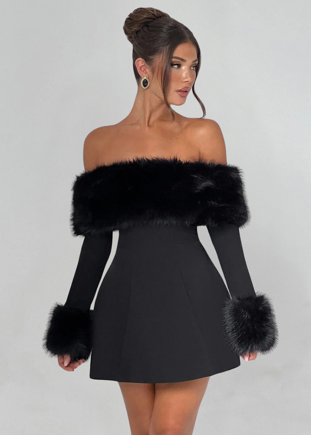 Mélisanne – Fur trim – Off-shoulder mini dress-Apparel & Accessories > Clothing > Dresses > Party Dresses-Cíelo Fióra Atelier