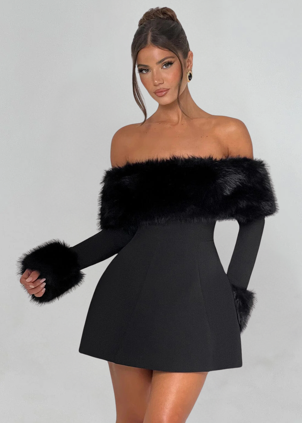 Mélisanne – Fur trim – Off-shoulder mini dress-Apparel & Accessories > Clothing > Dresses > Party Dresses-Cíelo Fióra Atelier