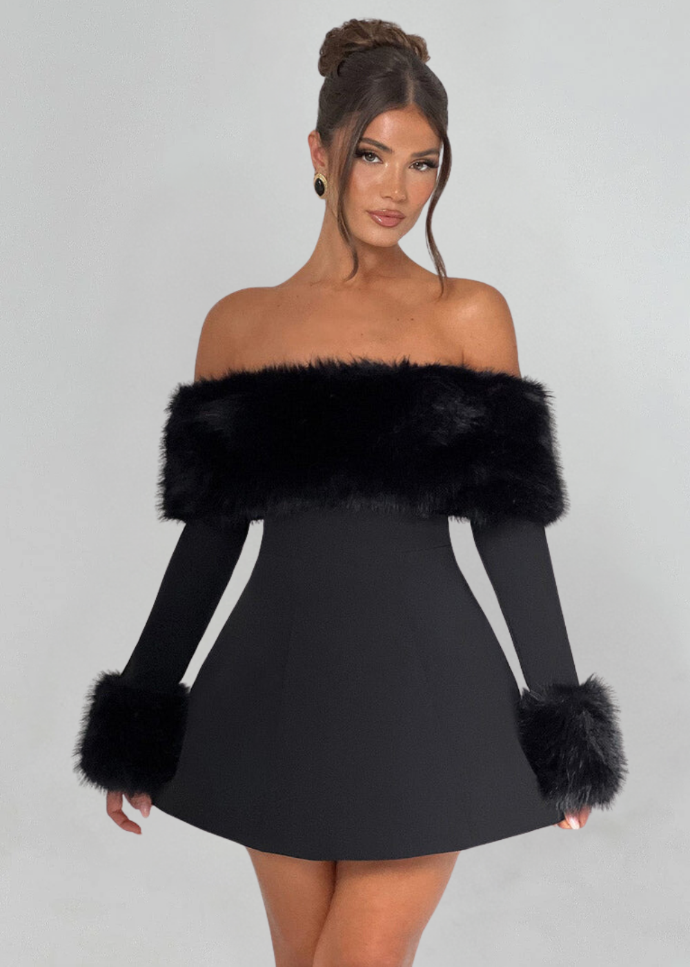 Mélisanne – Fur trim – Off-shoulder mini dress-Apparel & Accessories > Clothing > Dresses > Party Dresses-Cíelo Fióra Atelier