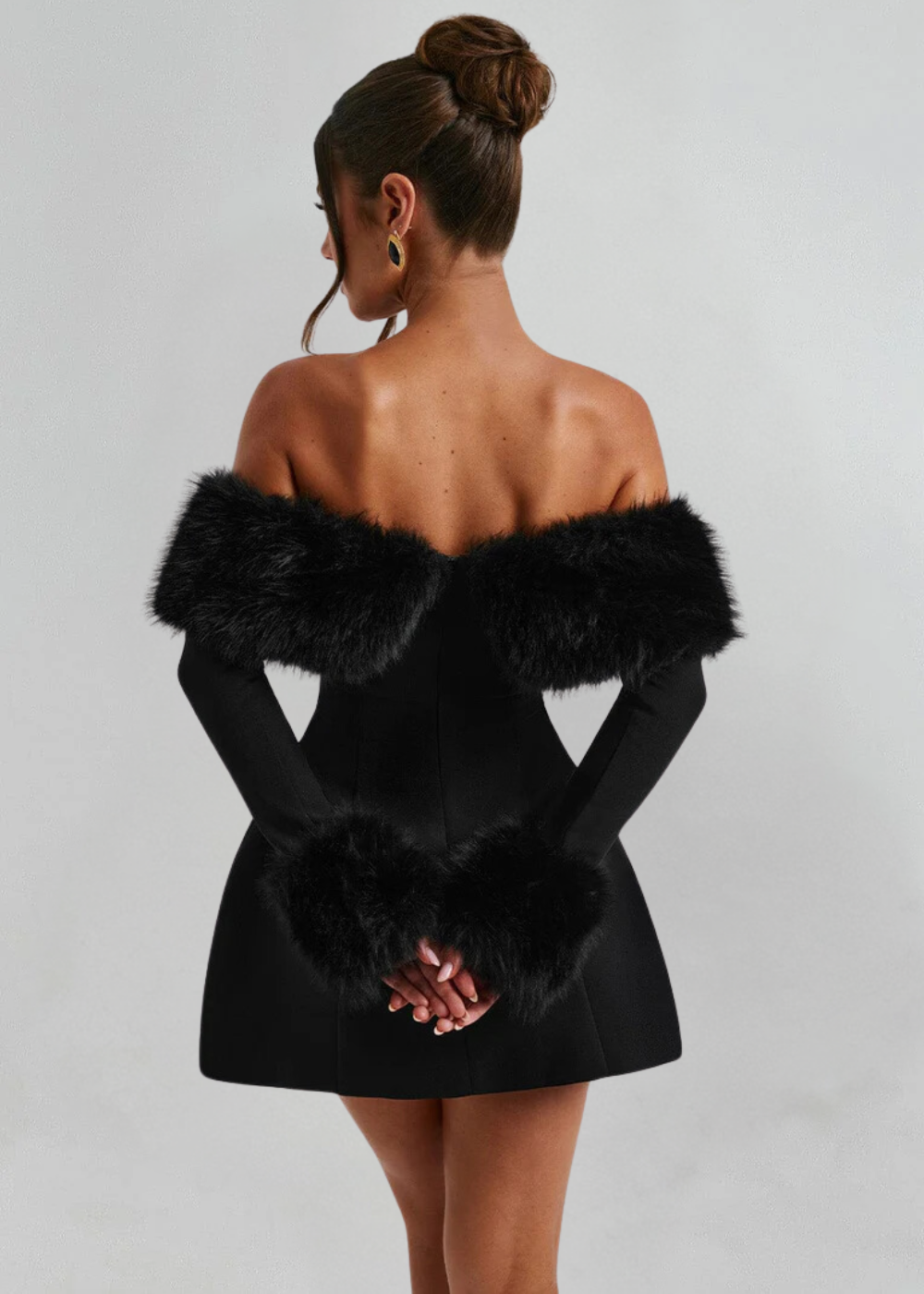 Mélisanne – Fur trim – Off-shoulder mini dress-Apparel & Accessories > Clothing > Dresses > Party Dresses-Cíelo Fióra Atelier