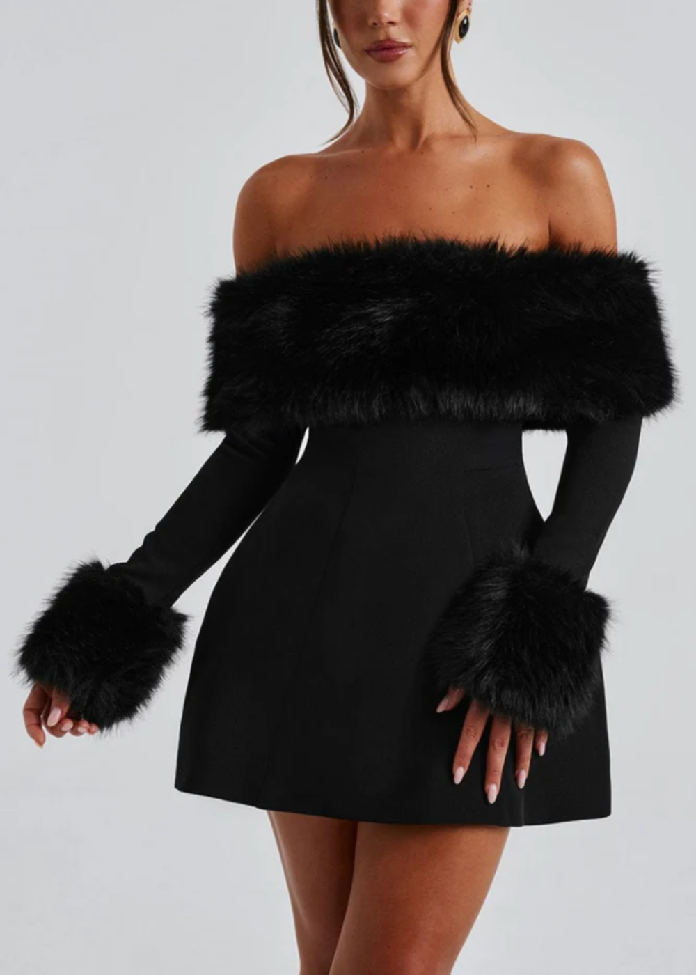 Mélisanne – Fur trim – Off-shoulder mini dress-Apparel & Accessories > Clothing > Dresses > Party Dresses-Cíelo Fióra Atelier