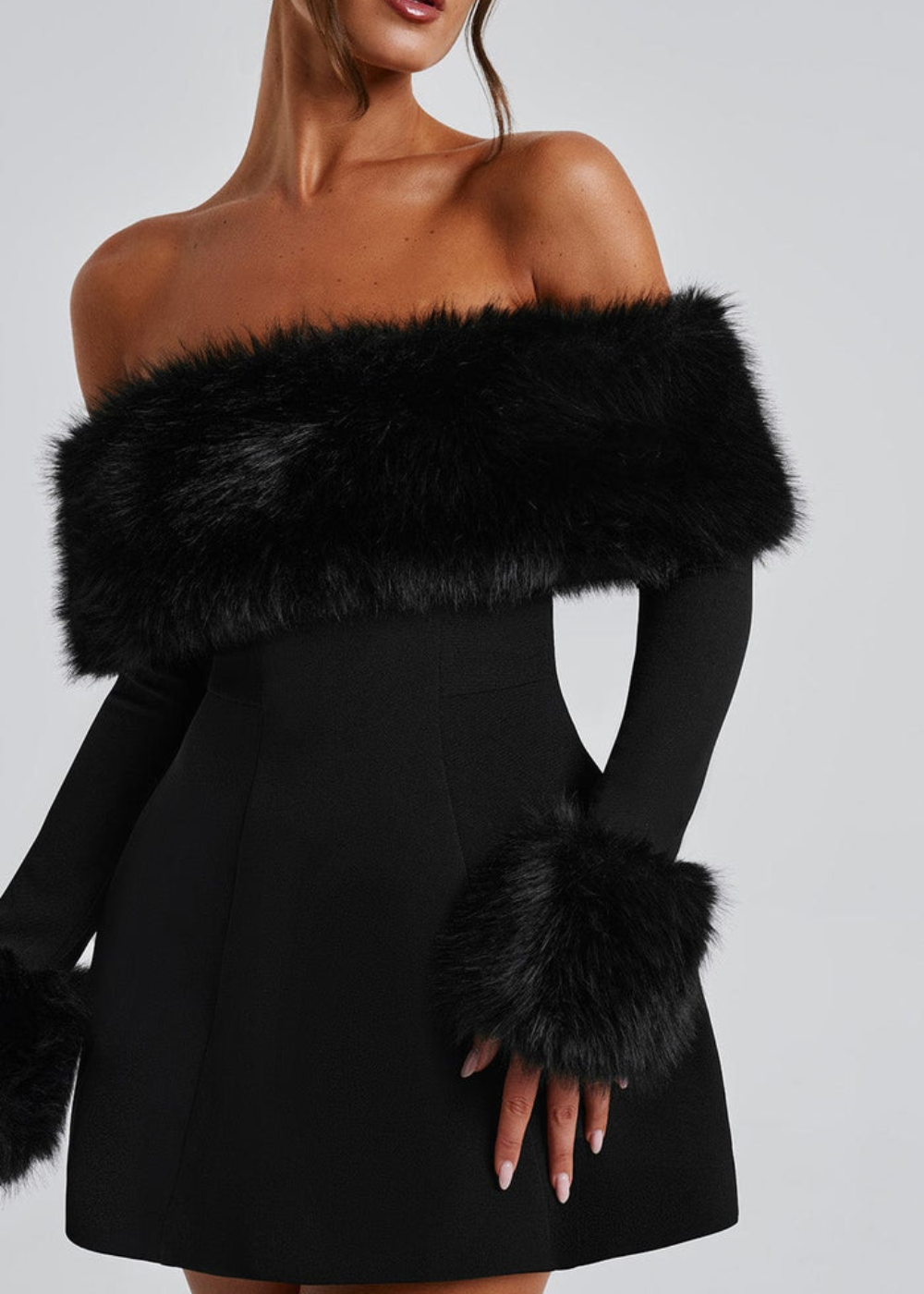 Mélisanne – Fur trim – Off-shoulder mini dress-Apparel & Accessories > Clothing > Dresses > Party Dresses-Cíelo Fióra Atelier