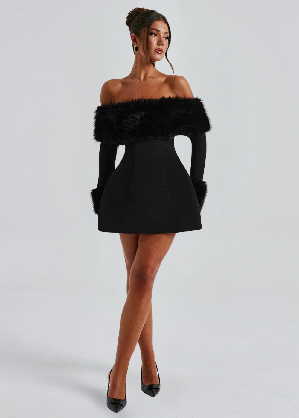 Mélisanne – Fur trim – Off-shoulder mini dress-Apparel & Accessories > Clothing > Dresses > Party Dresses-Cíelo Fióra Atelier