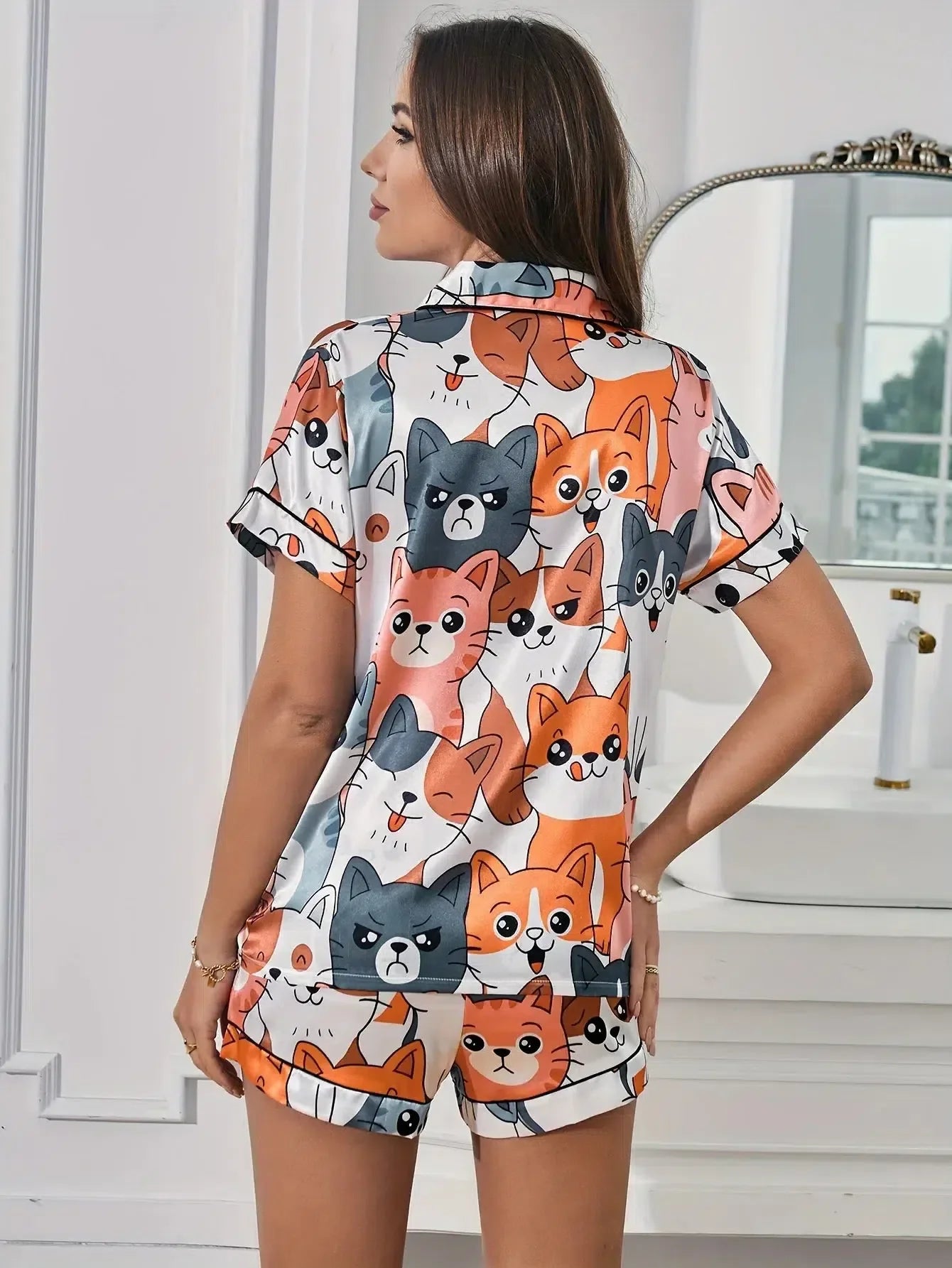 Micia – Playful cat print – Satin pajama set-Apparel & Accessories > Sleepwear & Loungewear > Pajamas > Women's Pajama Sets-Cíelo Fióra Atelier