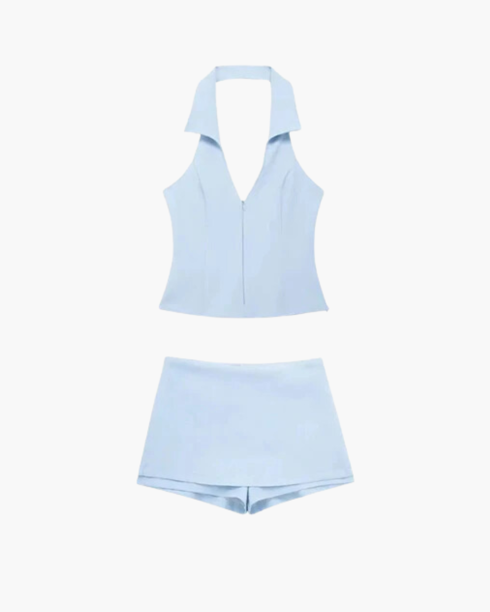 Noélie – Modern suspender straps – Sleek two-piece set-Apparel & Accessories > Clothing > Suits > Skort and Top Sets-Cíelo Fióra Atelier