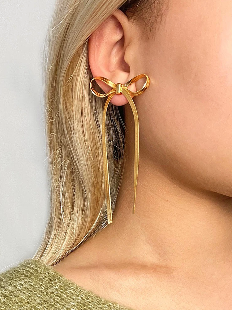 Sabella – Bow accents – Snake chain earrings-Apparel & Accessories > Jewelry > Earrings > Drop Earrings-Cíelo Fióra Atelier