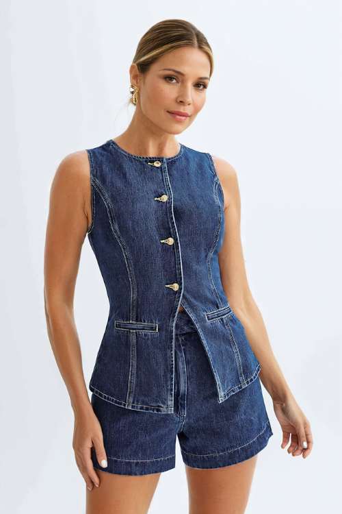 Savona – Longline sleeveless design – Denim vest set-Apparel & Accessories > Clothing > Outfits & Sets > Denim Two-Piece Sets-Cíelo Fióra Atelier