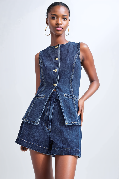 Savona – Longline sleeveless design – Denim vest set-Apparel & Accessories > Clothing > Outfits & Sets > Denim Two-Piece Sets-Cíelo Fióra Atelier