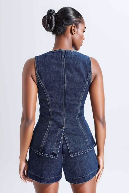 Savona – Longline sleeveless design – Denim vest set-Apparel & Accessories > Clothing > Outfits & Sets > Denim Two-Piece Sets-Cíelo Fióra Atelier