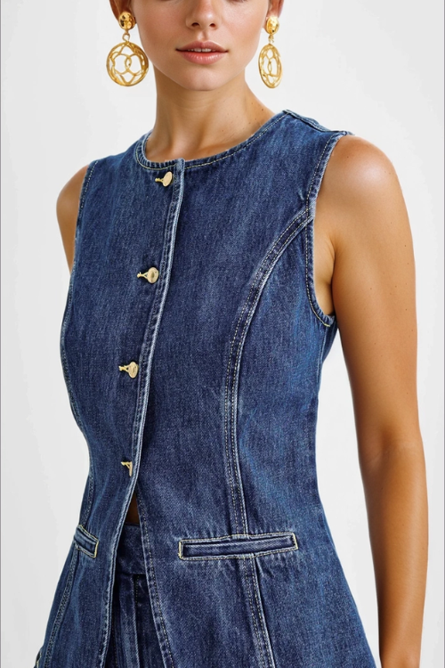 Savona – Longline sleeveless design – Denim vest set-Apparel & Accessories > Clothing > Outfits & Sets > Denim Two-Piece Sets-Cíelo Fióra Atelier