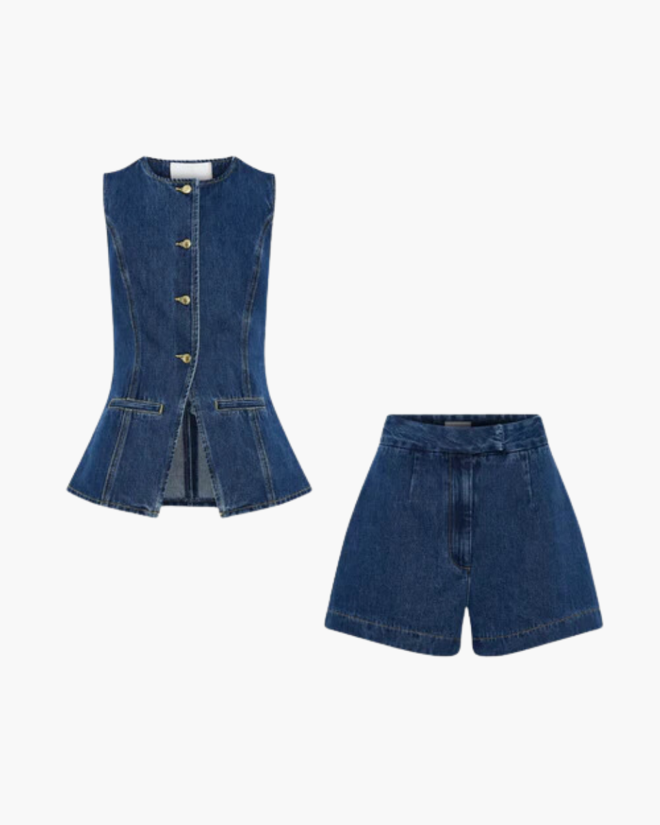 Savona – Longline sleeveless design – Denim vest set-Apparel & Accessories > Clothing > Outfits & Sets > Denim Two-Piece Sets-Cíelo Fióra Atelier