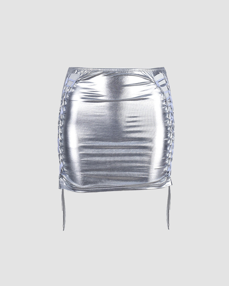 Solaria – Side shoelace detail – Metallic mini skirt-Apparel & Accessories > Clothing > Skirts > Metallic Skirts-Cíelo Fióra Atelier